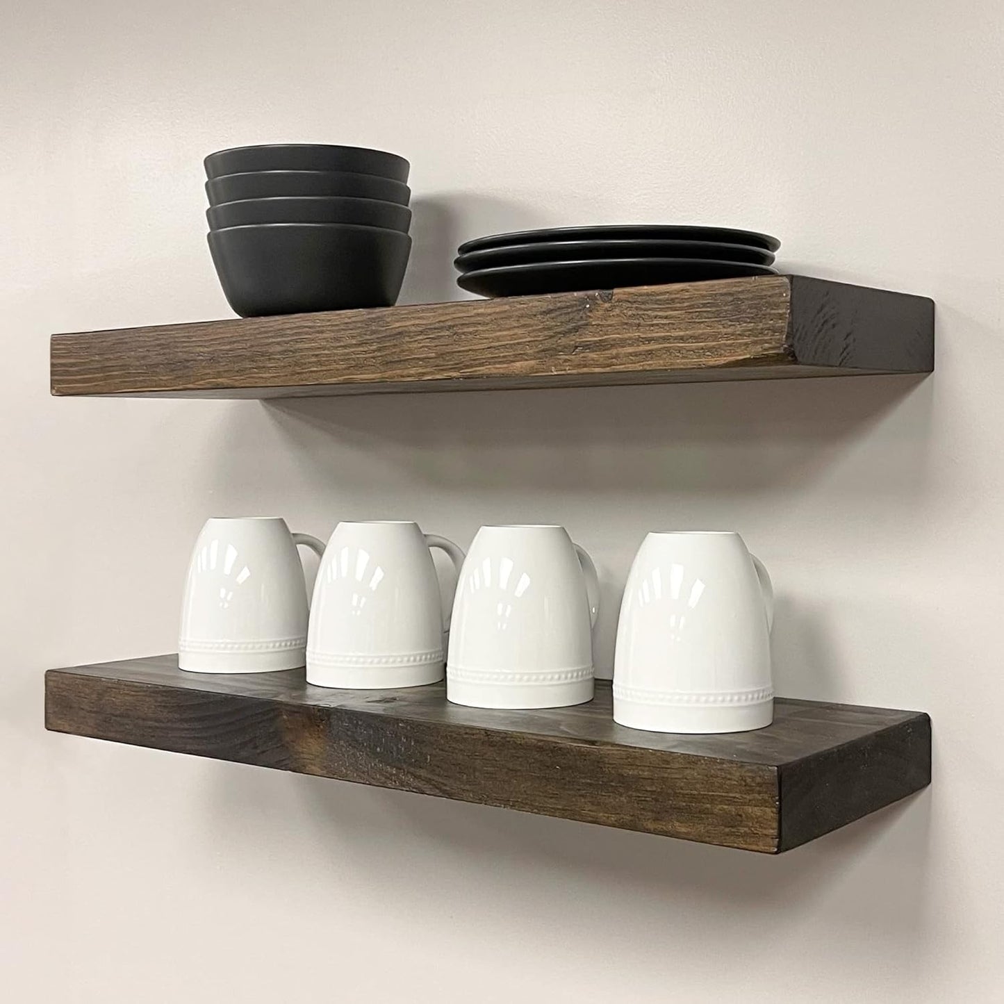 URBANDI, Rustic Floating Shelves, Set of 2, Hidden Bracket, Solid Wood, Heavy Duty, Wall Mounted Shelves, (Dark Brown, 36Wx6D)