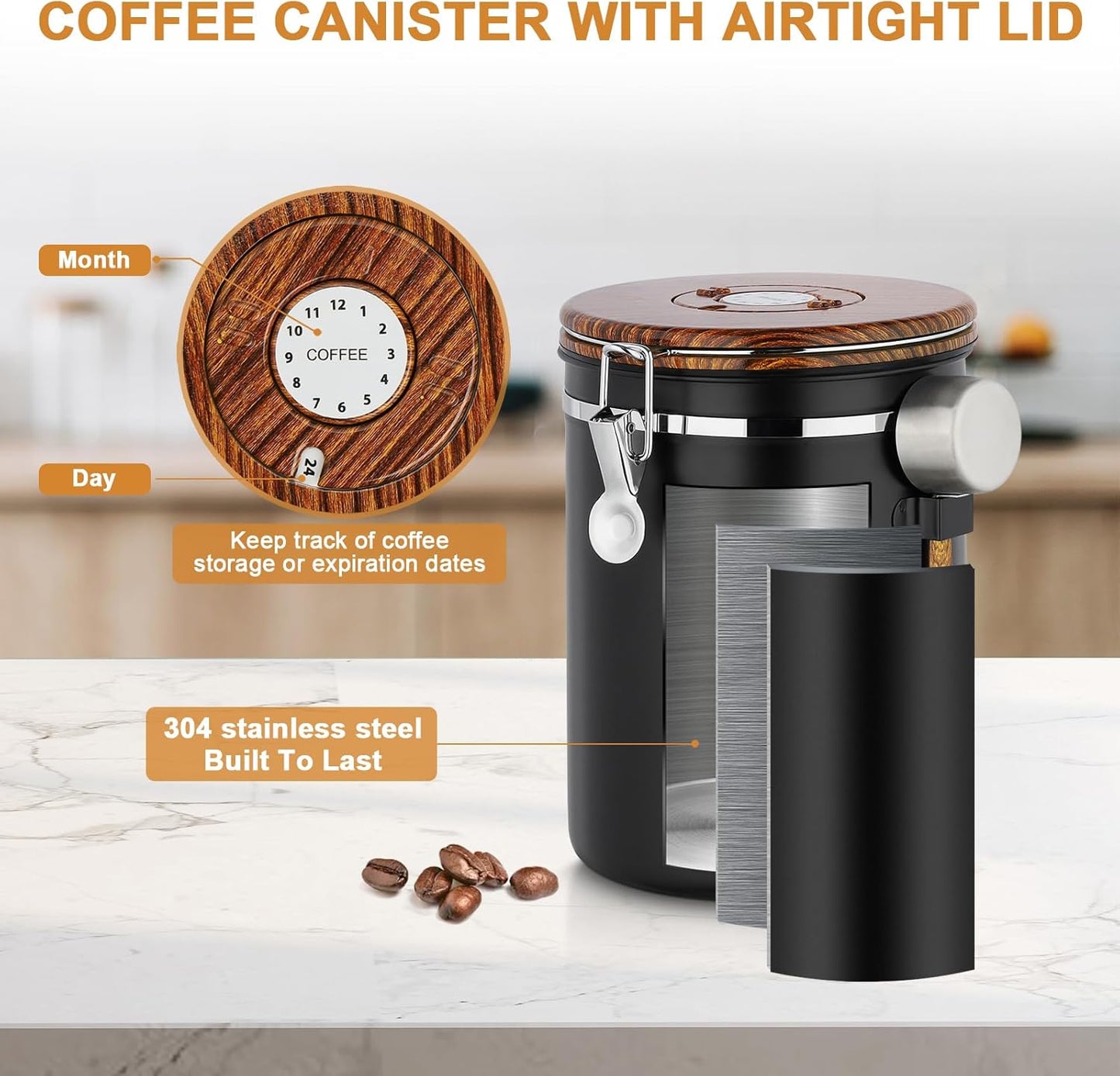 Coffee Canister, 35OZ Stainless Steel Coffee Bean Storage for 1kg Beans, Food Storage Container with Date Tracker, Scoop & CO2 Valve, Storage Jar for Grounds, Beans, Sugar, Tea