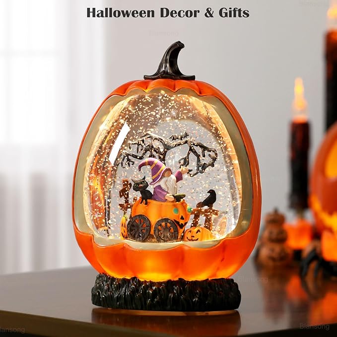Halloween Snow Globe Pumpkin Halloween Decorations Indoor Gnome Black Cat Bat Swirling Glitter Timer