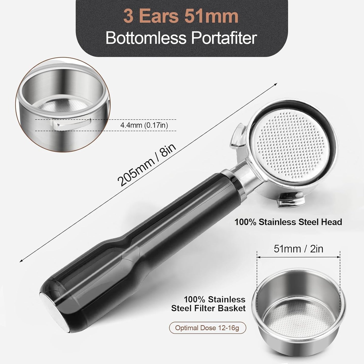 51mm Bottomless Portafilter & Puck Screen, 3-Ear Stainless Head, Compatible with CASABREWS CM5418, 3700Essential, 3700Gense Espresso Machines, Includes 304 Stainless Steel Filter Basket