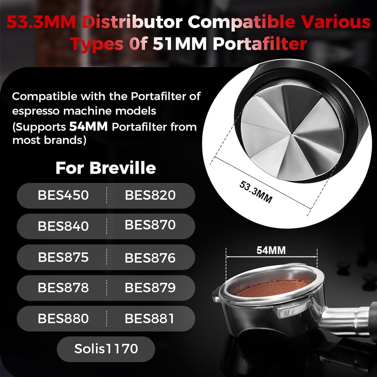 IKAPE 53.3MM Newly Upgrade Espresso Coffee Distributor, Coffee Dual-Bearing & High-Speed Distribution Tools, Adaptive Height Coffee Tamper Leveler for 54mm Portafilters