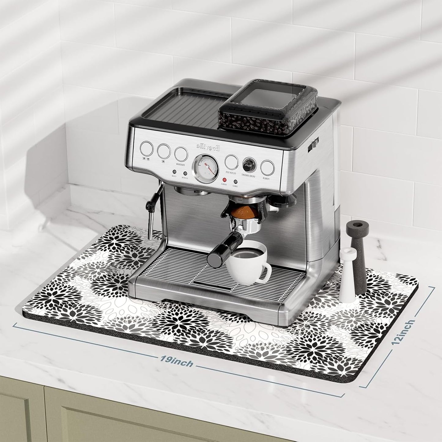 Rnivvi Coffee Mat, 12" x 19" Cute Coffee Bar Mats for Espresso Machine Station Accessories and Organizer, Hide Stain Rubber Backed Absorbent Dish Drying Pad for Kitchen Counter, Cartoon Flowers