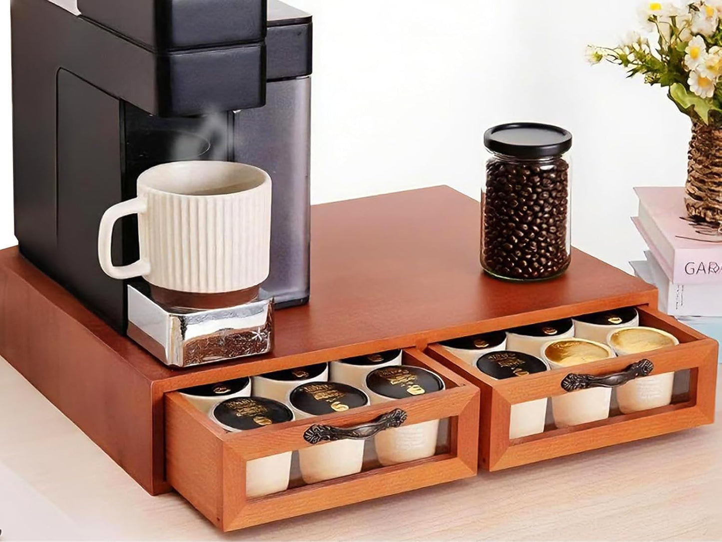 Wooden K-Cup Organizer - Coffee Pod Storage Box, 15.6 * 11.7 * 3.1 in, Compatible for Keuring Pod Holder, 30-50 Pod Capacity, No Assembly Required, Tea Bag Organizer Counter, Coffee Stand with Drawer