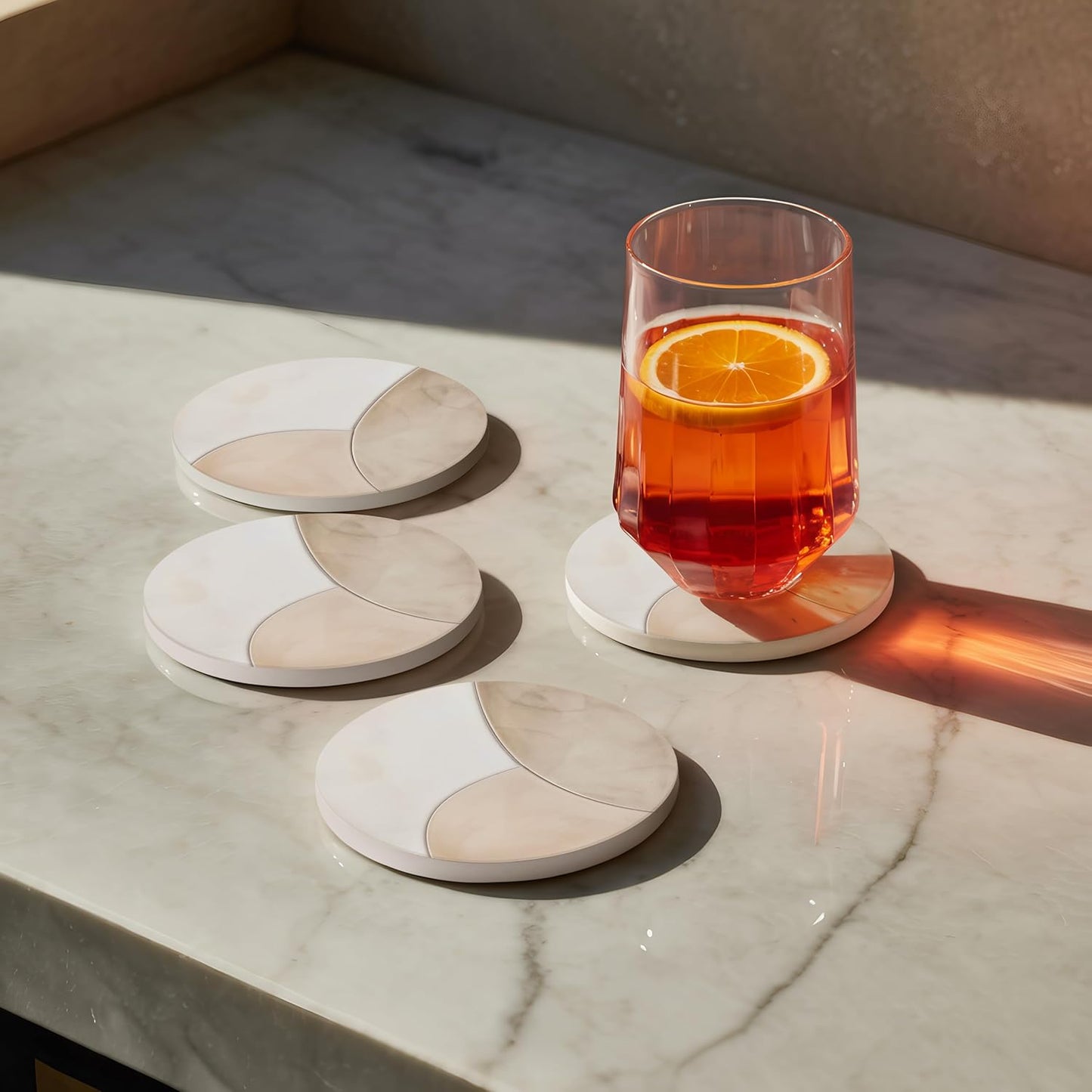 VEYRO Coasters Set of 4 for Drinks – Absorbent Ceramic Stone Drink Coasters with Cork Backing for Coffee Table & Desk, Modern Marble Look Cup Coaster Set, Housewarming Gift for New Home