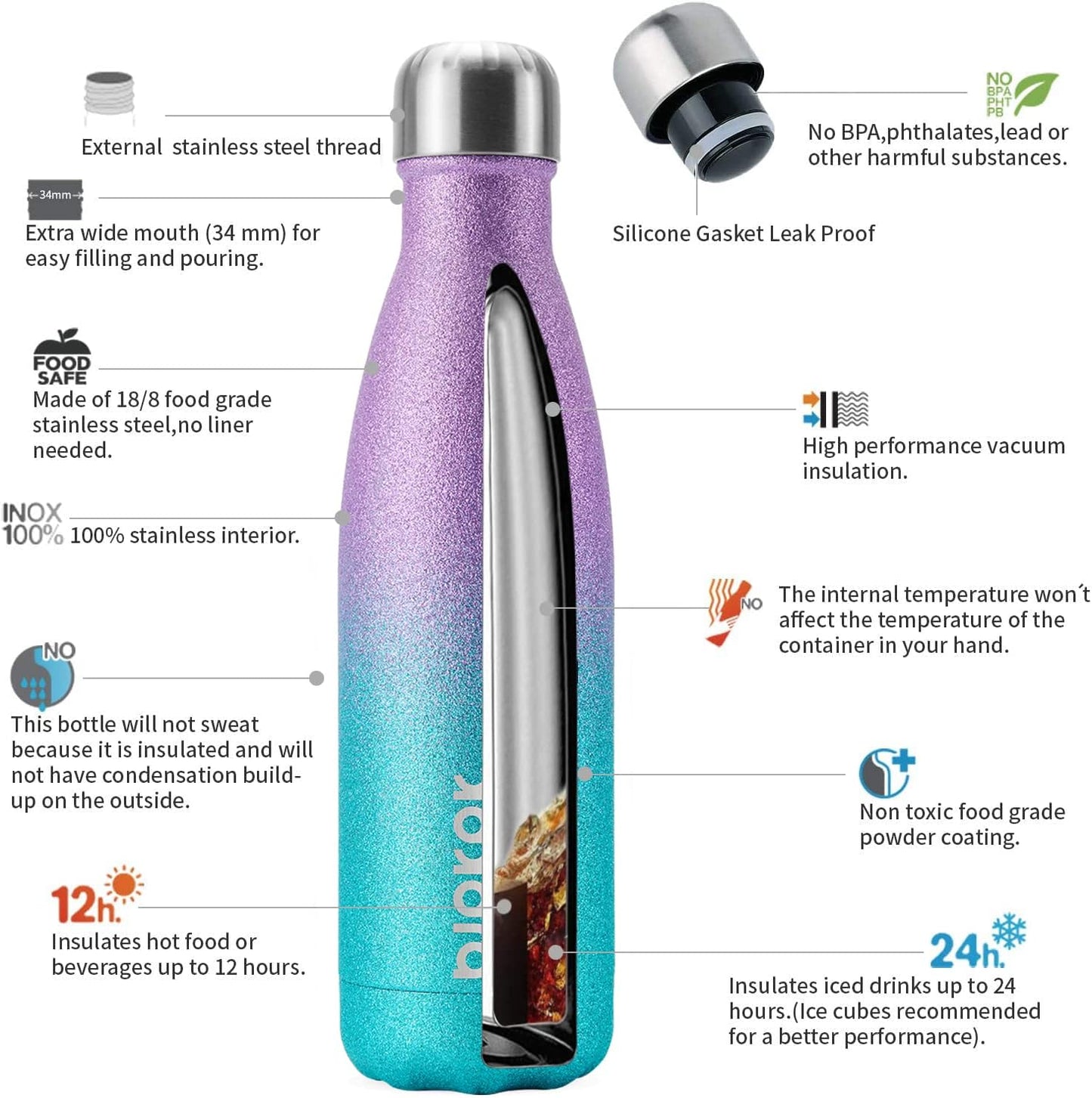BJPKPK 17oz Insulated Water Bottles Stainless Steel,Sports Water Bottles Keep Cold for 24 Hours and Hot for 12 Hours,BPA Free,Glitter Purple Green