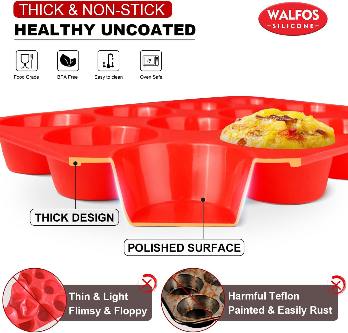 Walfos Muffin Pan Set - 12 Cups Regular Silicone Cupcake Pan, Non-stick and BPA Free, Great for Making Muffin Cakes, Tart, Fat Bombs - Dishwasher Safe, 2-Piece