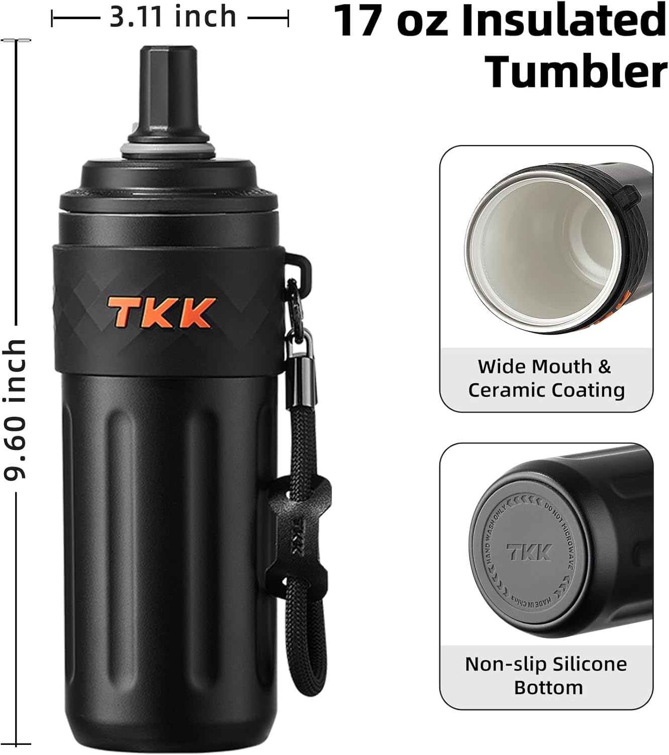 TKK 17 OZ Travel Tumbler Ceramic Lining with Straw Lid, Stainless Steel Vacuum Insulated Double Wall Coffee Tumbler, Leak Proof Iced Water Bottle with Carry Strap for Hot & Cold Drinks, Black