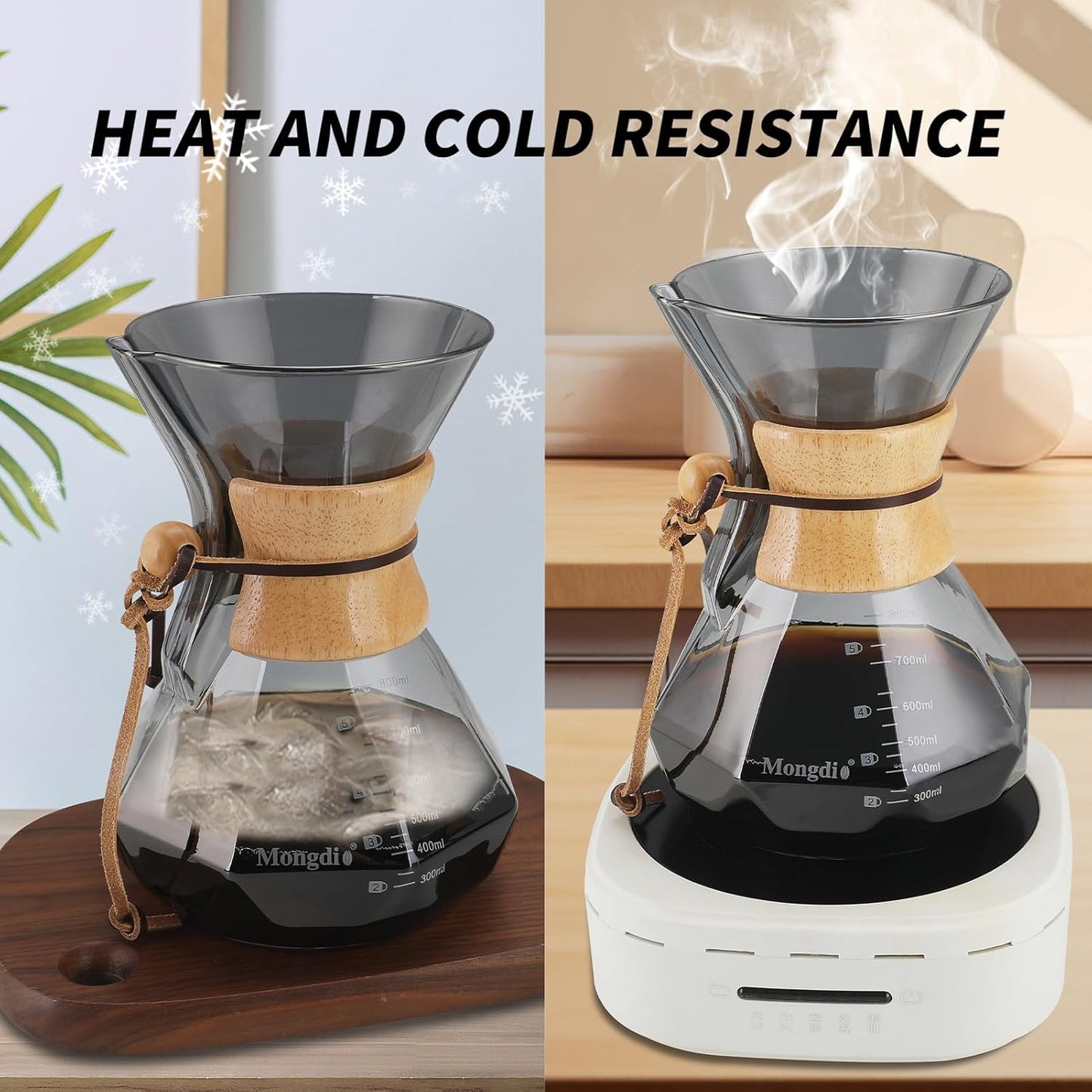 Mongdio 27 Oz Pour Over Coffee Maker with Stainless Steel Filter and Wooden Collar Holder, Borosilicate Glass Coffee Maker for Camping Home, 800ML/27OZ, Gray