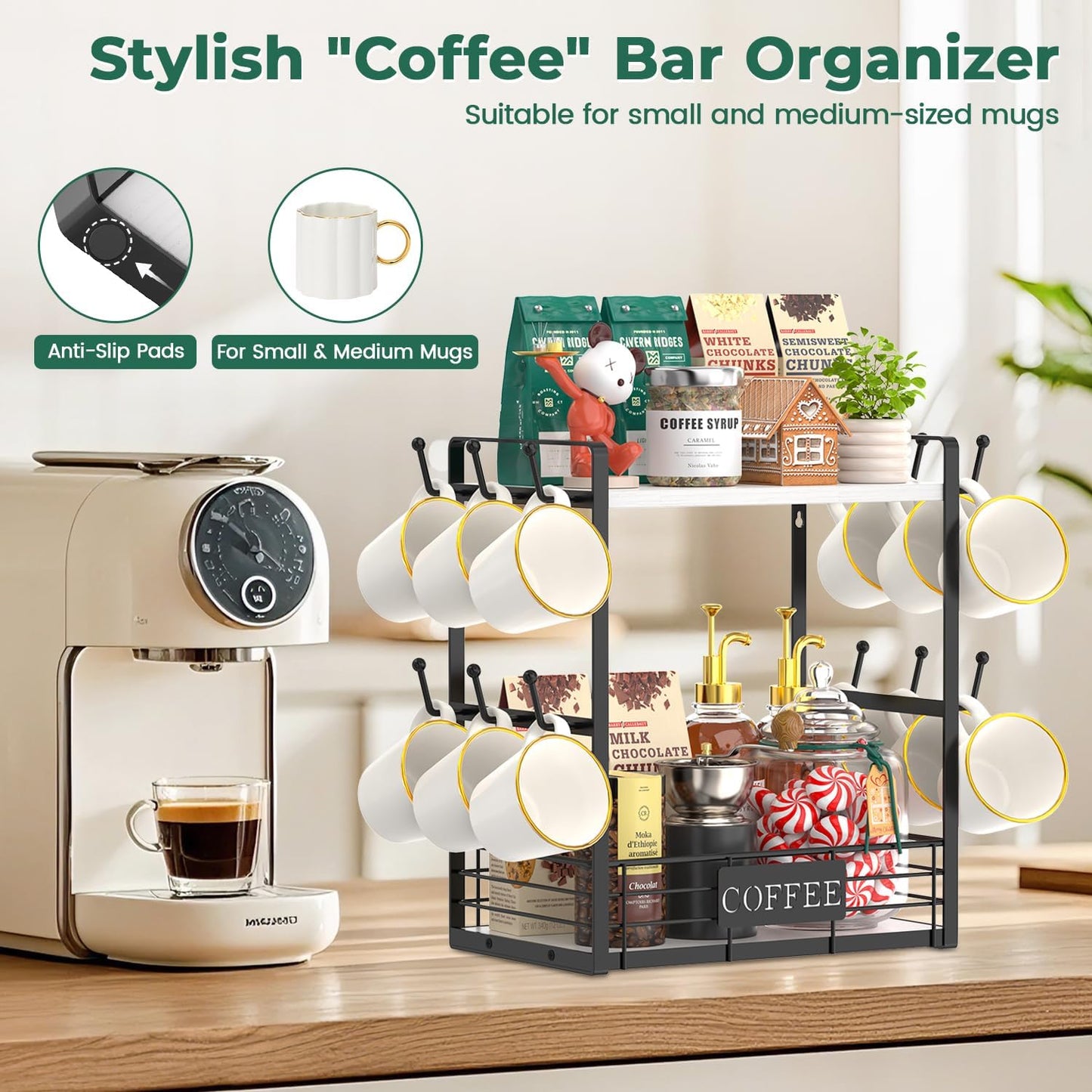 EsLuker.ly Coffee Mug Cup Holder Tree Bar Station Organizer, 2 Tier Mug Stand Rack for Countertop Kitchen, Storage Tower Display Shelf with 12 Hooks, Coffee Nook Enhancer, White-Black