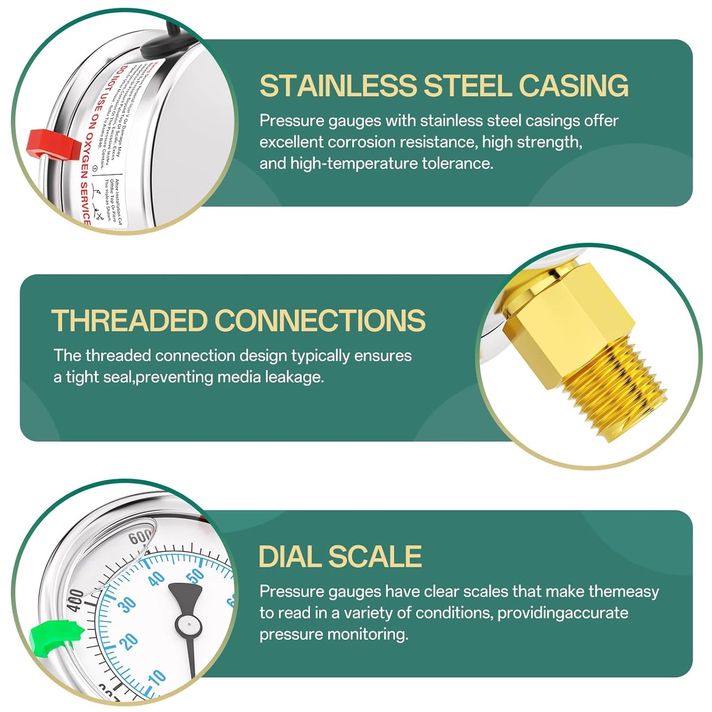 0-1000PSI Stainless Steel Liquid Filled Pressure Gauge, 2.5" Dial Size, 1/4" NPT Lower Mount, for Tube, Water Pump, Gas, Liquid, Pressure Test (with Range Mark Pointer)