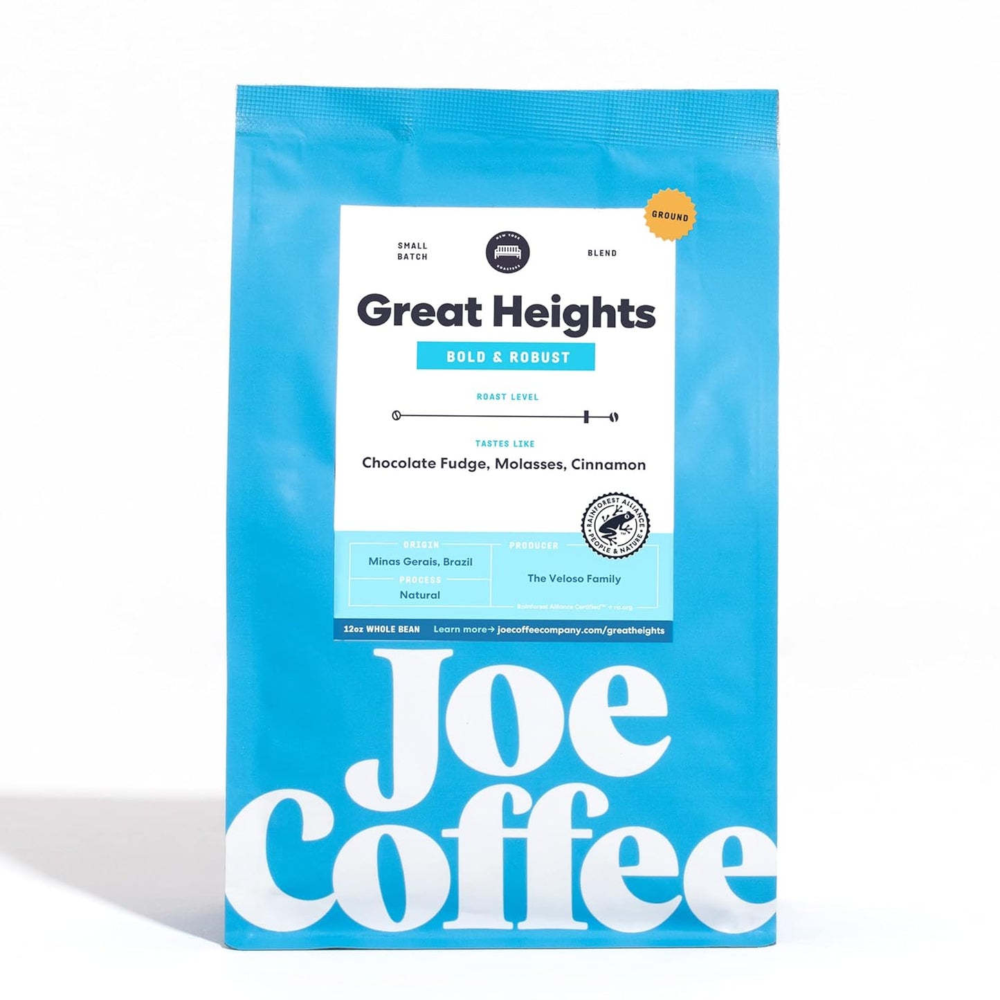 Joe Coffee Company (NYC Roaster), Great Heights Ground Specialty Coffee, 12 oz Bag, Rainforest Alliance Certified, Kosher, Climate Friendly