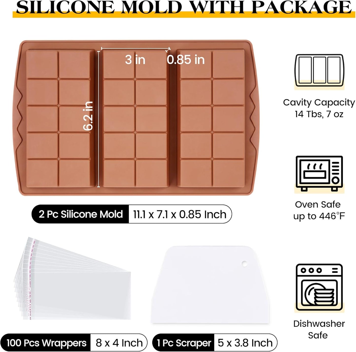 2 Pcs Chocolate Bar Molds Deep Large Chocolate Molds Silicone Break Apart Thick Silicone Molds for Candy Bar, With 100 Pcs Bags and 1 Pc Scraper Set (10 Snap）