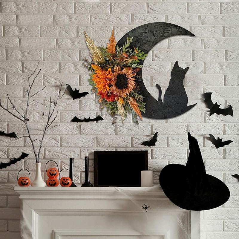 Halloween Wreaths for Front Door, Black Cat on Moon Garland with Rose Wreath Decor, Halloween Decorations Crescent Moon Wreath for Home Party Window Wall Indoor Outdoor (orange flower)