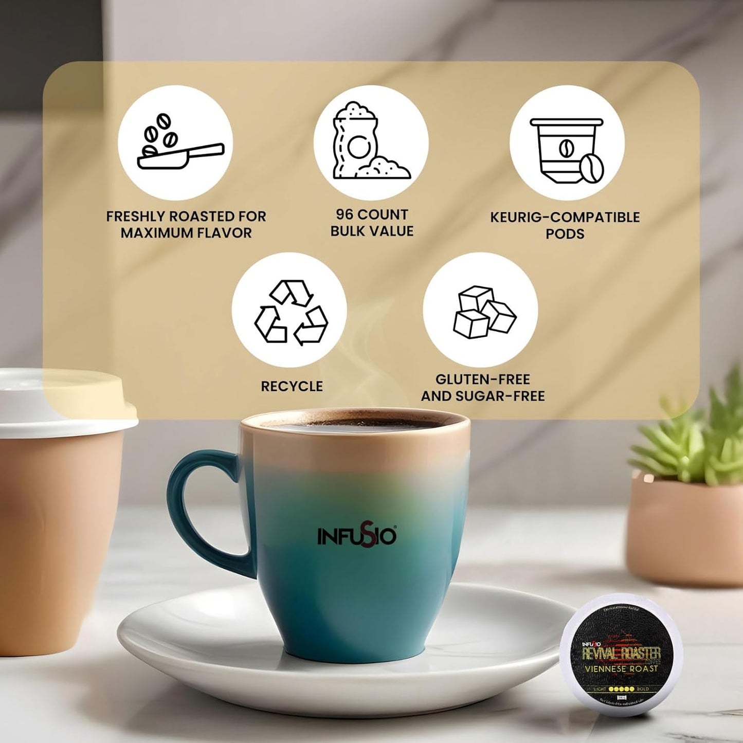 InfuSio Coffee Pods – 96 Count, Viennese Roast (Dark Roast Coffee) Single Serve Coffee Pods for Keurig K Cup® Brewers, Compatible with Keurig 2.0 Brewers