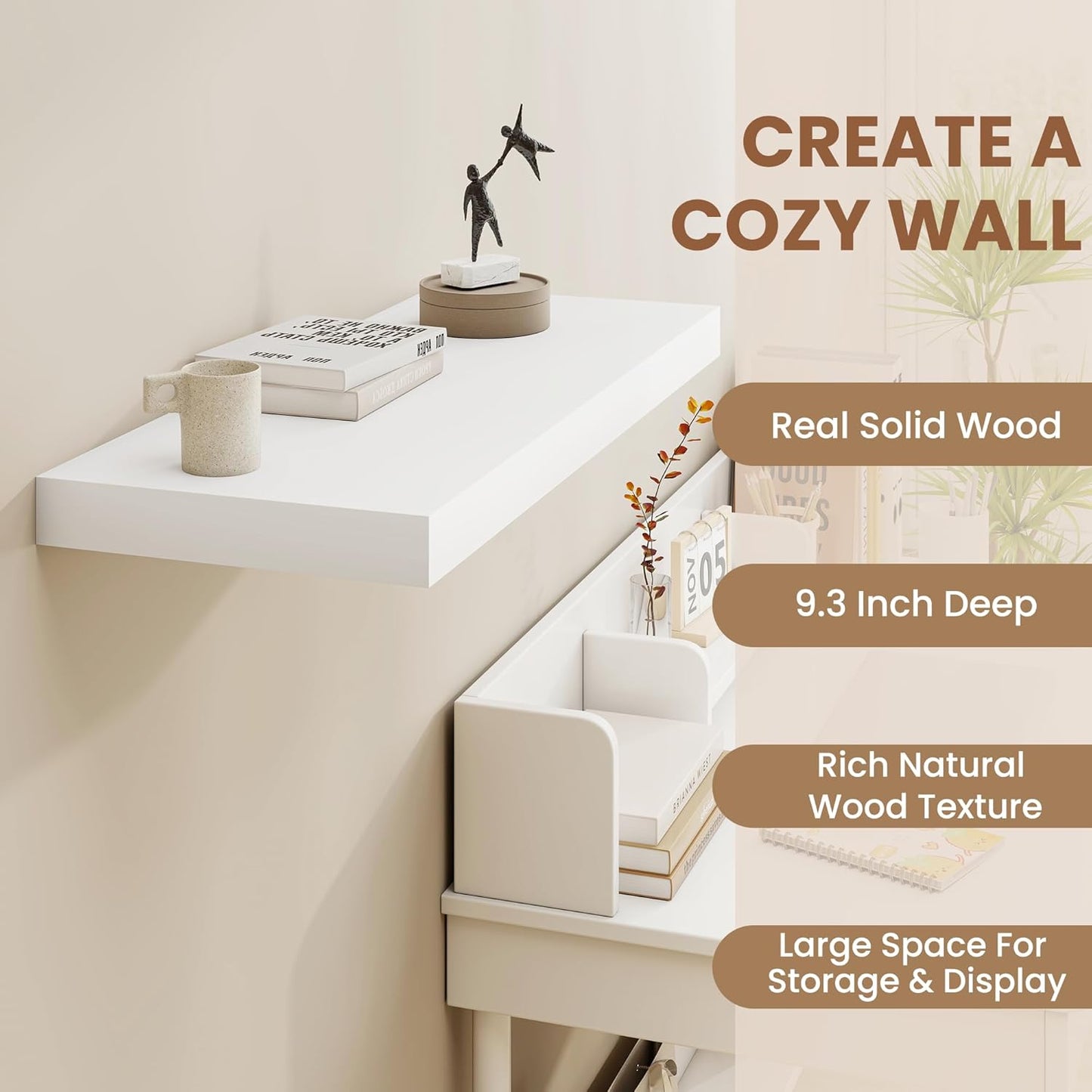 Fun Memories White Floating Shelves for Wall, 16 x 9 Inch Floating Shelf Set of 2, Rustic Natural Wood Wall Shelves, 9" Deep White Bathroom Shelves for Storage & Display