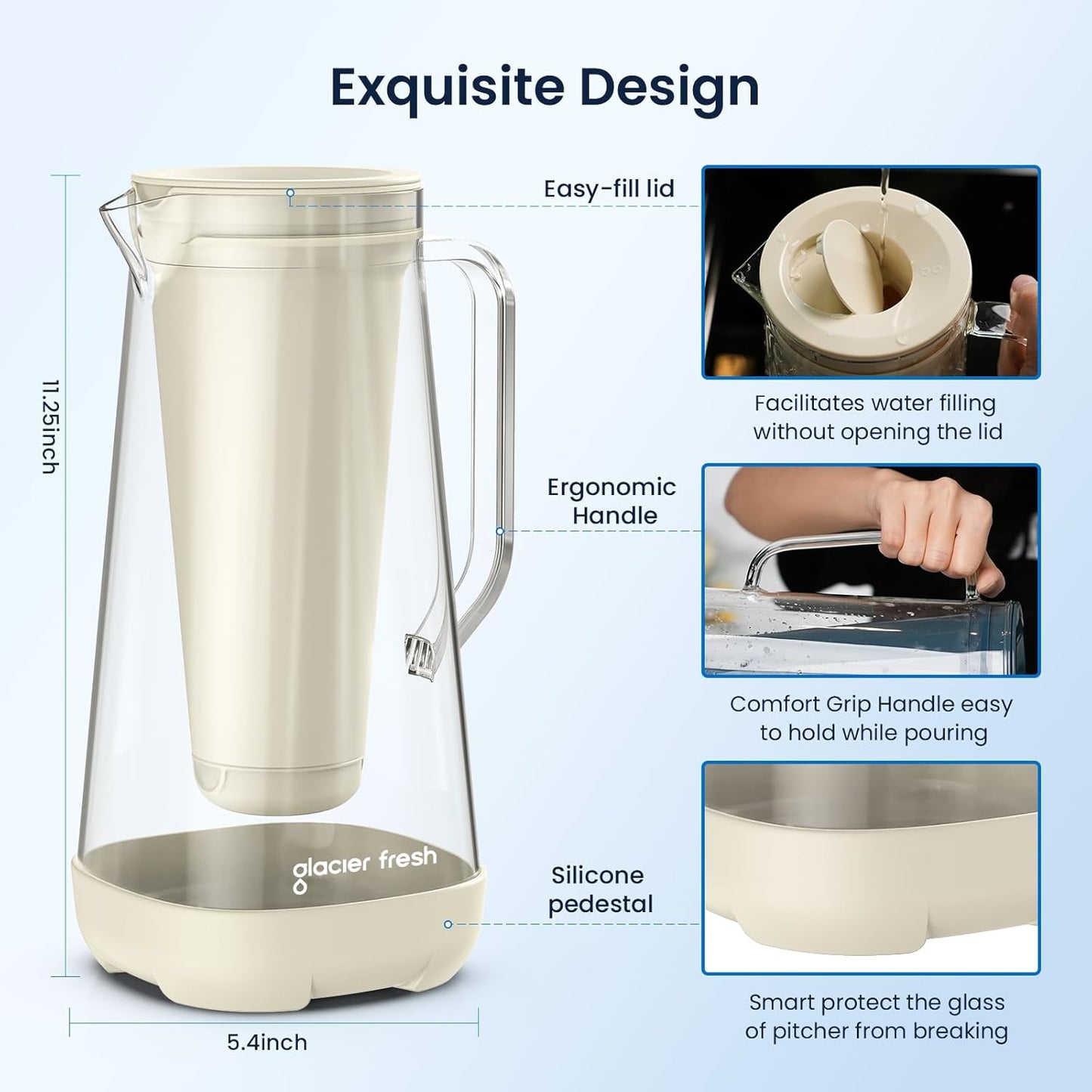 GLACIER FRESH 7 Cup Purela Glass Water Pitcher with 1 Ultrafiltration Membrane and Activated Carbon Filter, Reduces 99% Chlorine, PFOA&PFOS, Coliforms, BPA Free Materials, White