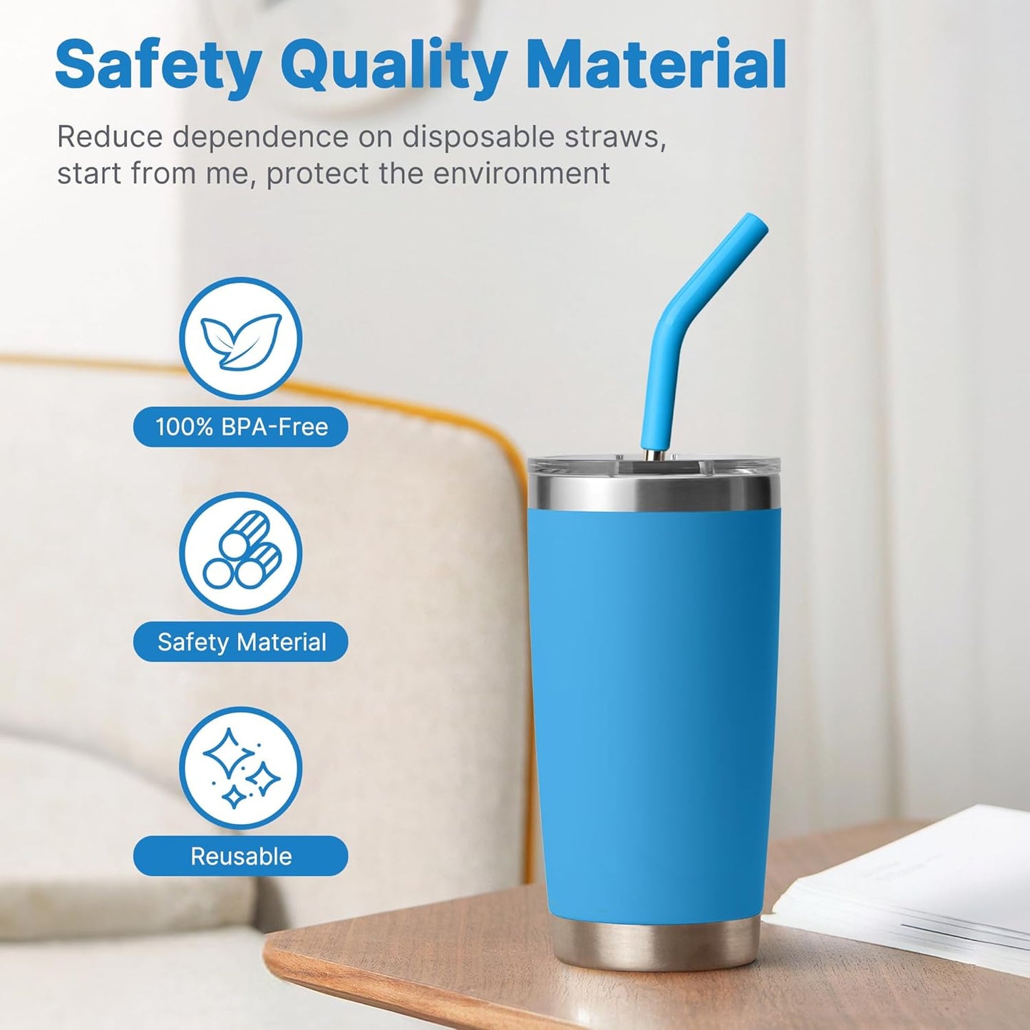 Metal Straws Reusable With Silicone Tips for Yeti 20 oz Tumbler, 8.5" Stainless Steel Straight Drinking Straw- 2 Cleaning Brushes & 1 Portable Bag