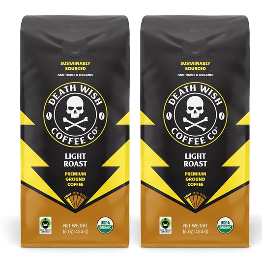 Death Wish Coffee, Ground Light Roast, Organic and Fair Trade, 1 Pound (Pack of 2)