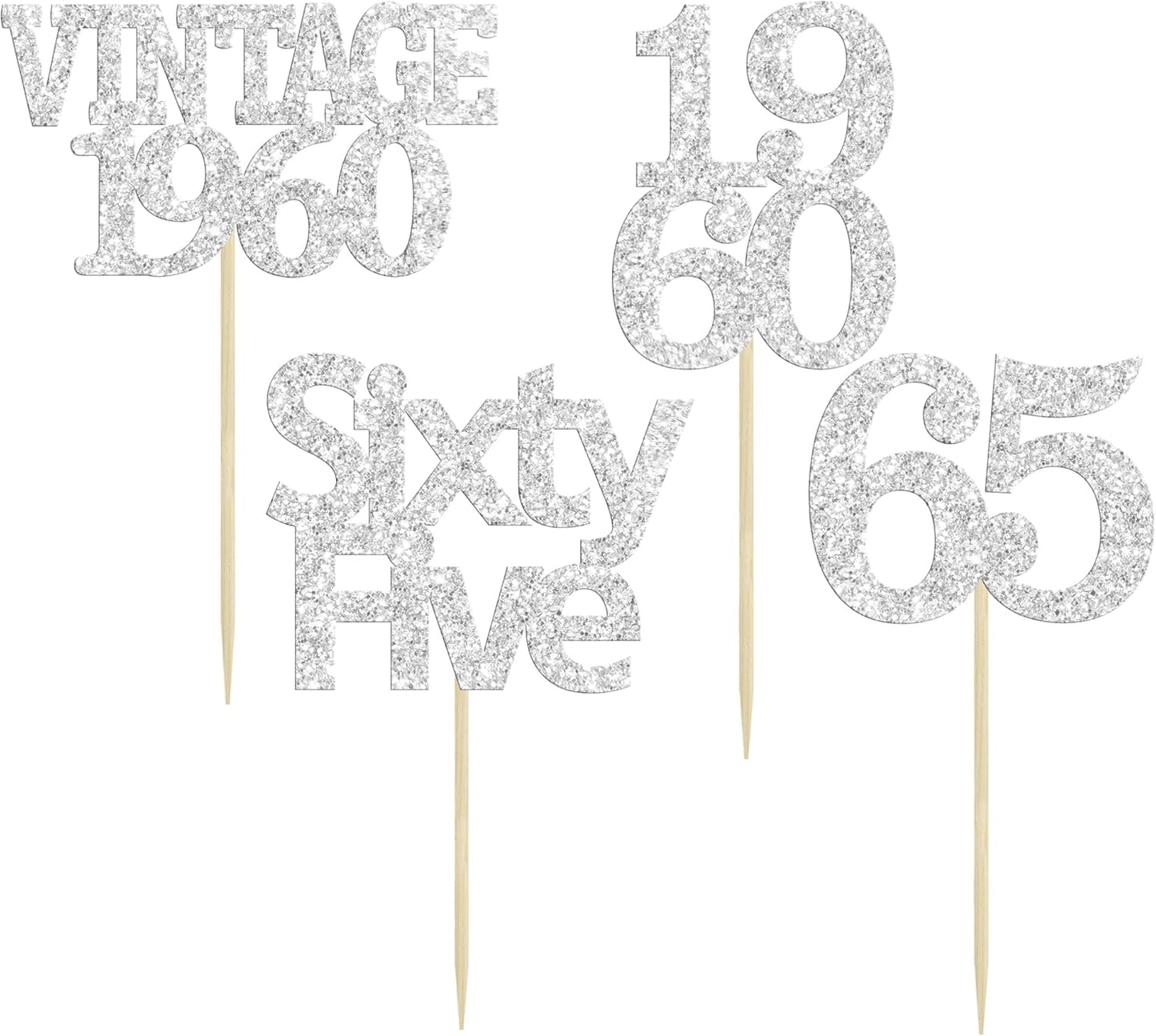 Gyufise 24Pcs 65th Birthday Cupcake Toppers Glitter Cheers to 65 Fabulous Sixty Five Vintage 1960 Cupcake Picks 65th Birthday Wedding Anniversary Party Cake Decorations Supplies Silver