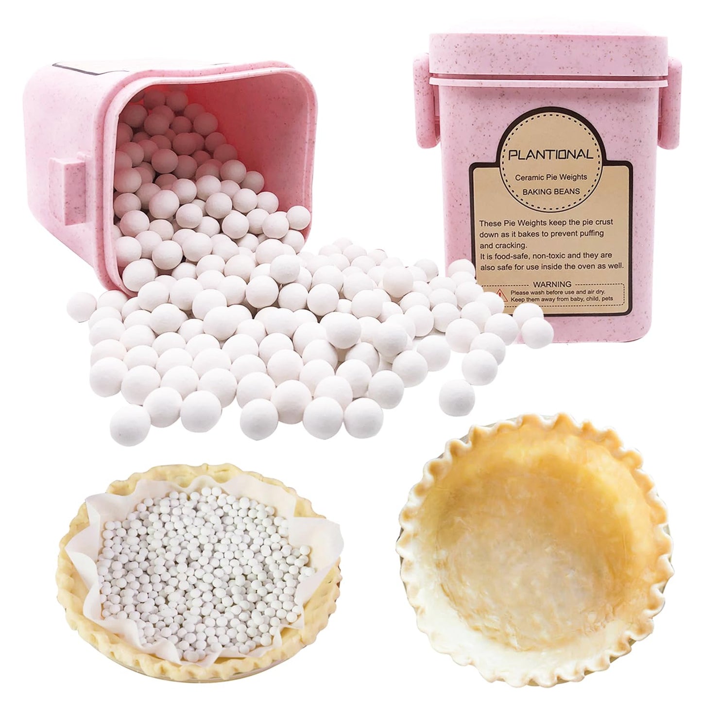 PLANTIONAL Ceramic Pie Weights, 1.32Lb Reusable 10mm Baking Beads with Wheat Straw Container, Natural Ceramic Stoneware Baking Beans for Pie Crust Pastry (Pink)