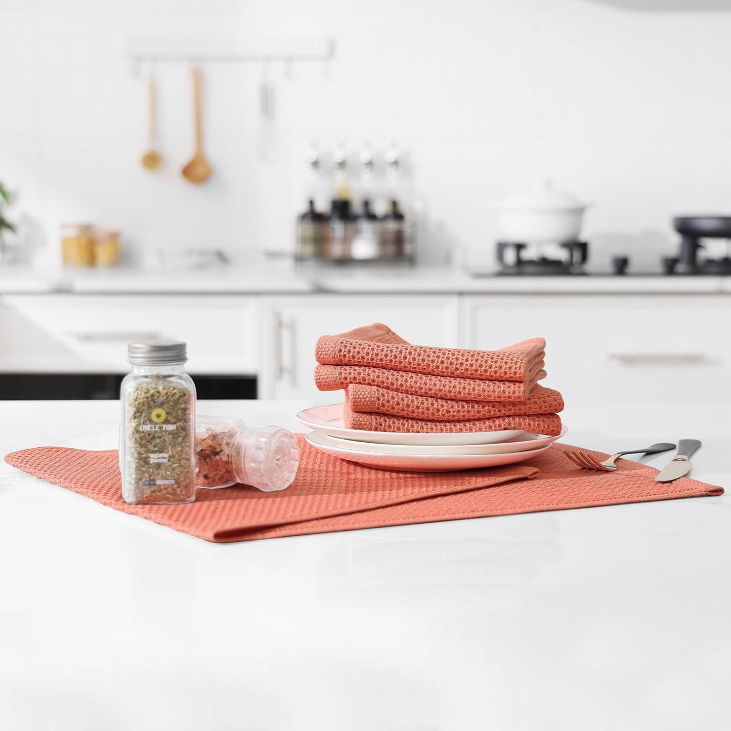 Kitinjoy 100% Cotton Waffle Weave Kitchen Towels, 8-Pack Super Soft and Absorbent Dish Towels for Drying Dishes, Kitchen Hand Towels, 13 in x 28 in, Coral