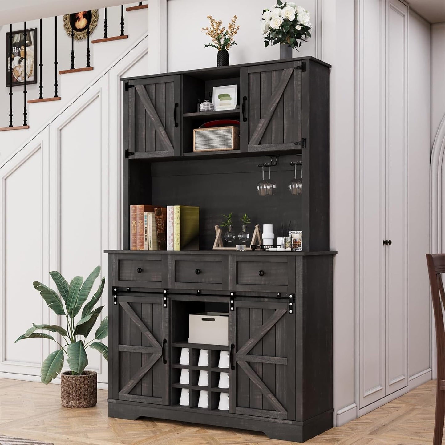 4 EVER WINNER 72" Coffee Bar Cabinet with Sliding Barn Door & Wine Racks, Hutch Cabinet with Storage and 3 Drawers, Farmhouse Coffee Bar with Wine Glass Holder for Dining Room Kitchen (Rustic Oak)