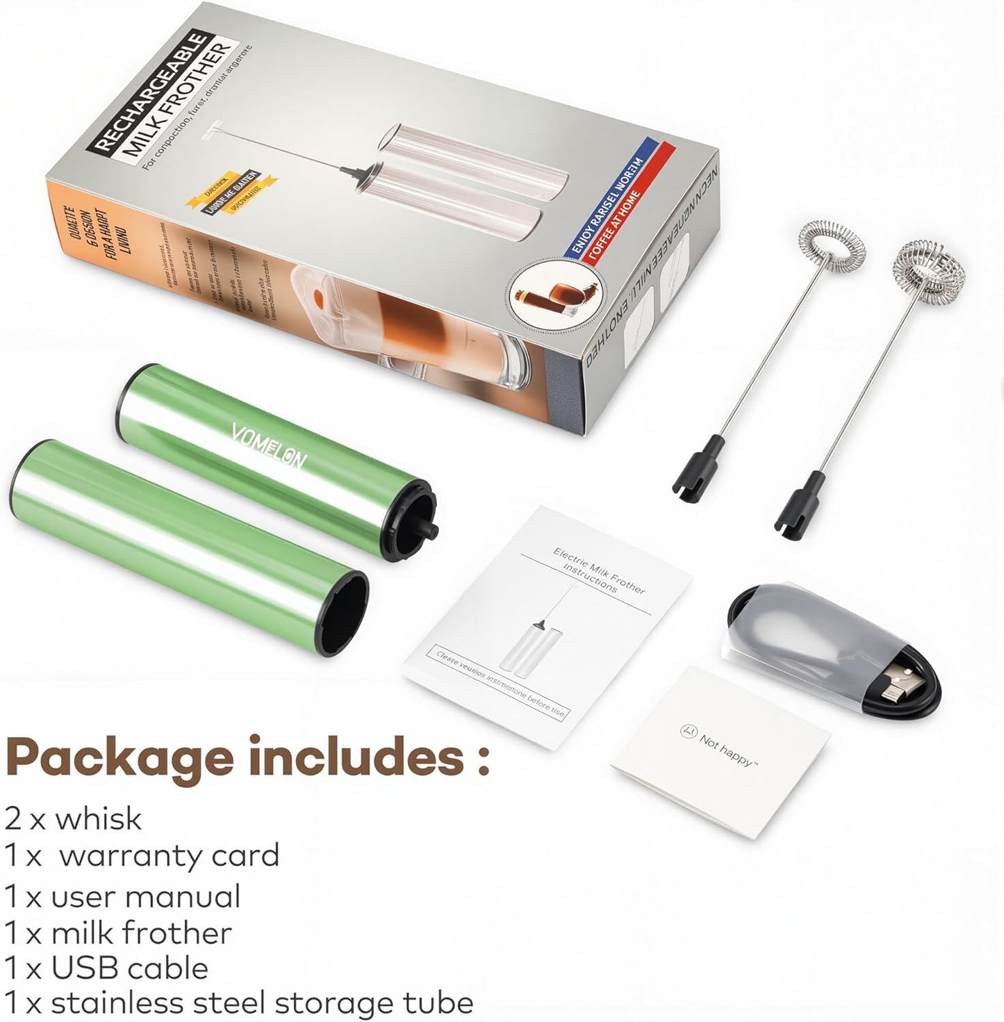 Rechargeable Milk Frother, Electric Coffee Foamer, Handheld Drink Mixer for Latte, Cappuccino, Coffee, Eggs, Hot Chocolate, Protein,Green