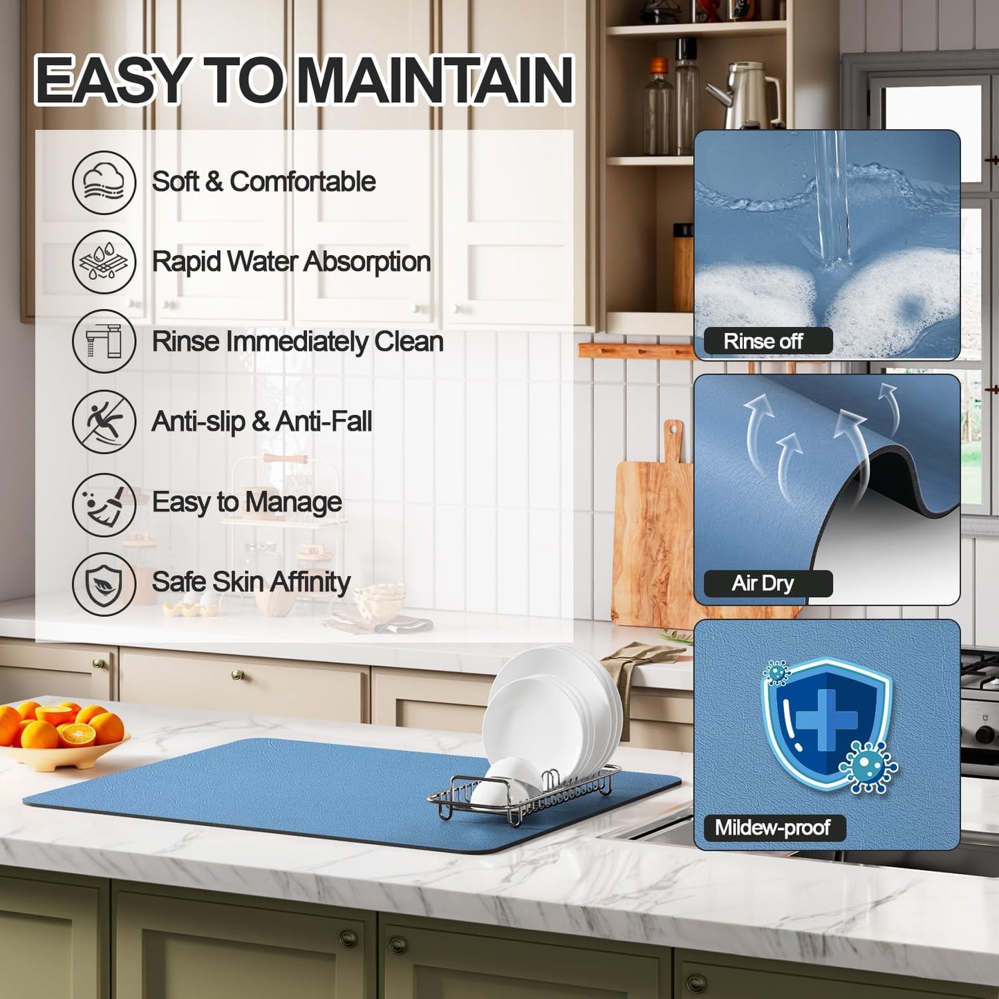 Dish Drying Mat for Kitchen Counter | Coffee Bar Mat for Countertops | Heat Resistant Drainer Mat with Non-slip Rubber Backed | Hide Stain Kitchen Absorbent Draining Mat | Blue 16"x24"