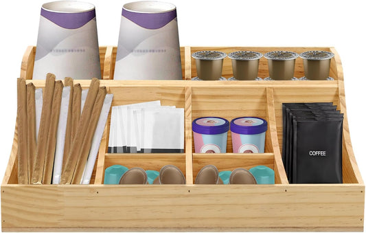 Coffee Bar Organizer for Countertop, Wooden Condiment Organizer Coffee Station Organizer Coffee Cup Pod Holder, Coffee Bar Organizer for Home Office Cafe, 9 Compartment, Wood Color