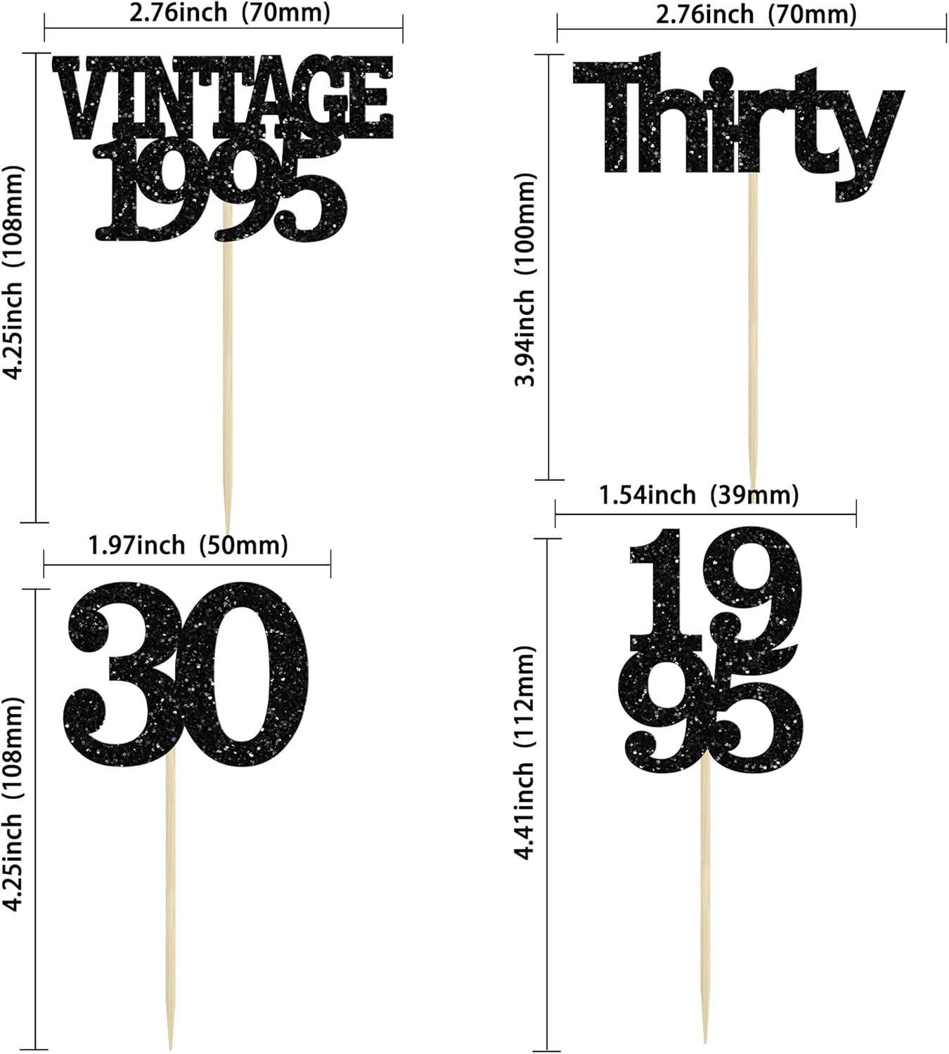 Gyufise 24Pcs Vintage 1995 Cupcake Toppers Cheers to 30 Fabulous Thirty Cupcake Picks Decorations for 30th Birthday Wedding Anniversary Party Supplies Black