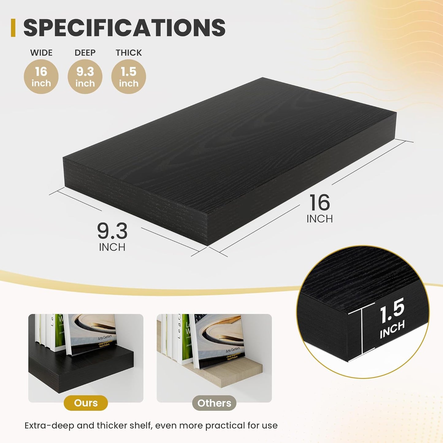 16 Inch Floating Shelves, 9.3" Deep Floating Shelf Wall Mounted, 16" Wall Shelves, Rustic Deep Bookshelf, Large Display Shelves & Storage Shelves for Bedroom, Living Room, Black, Set of 2