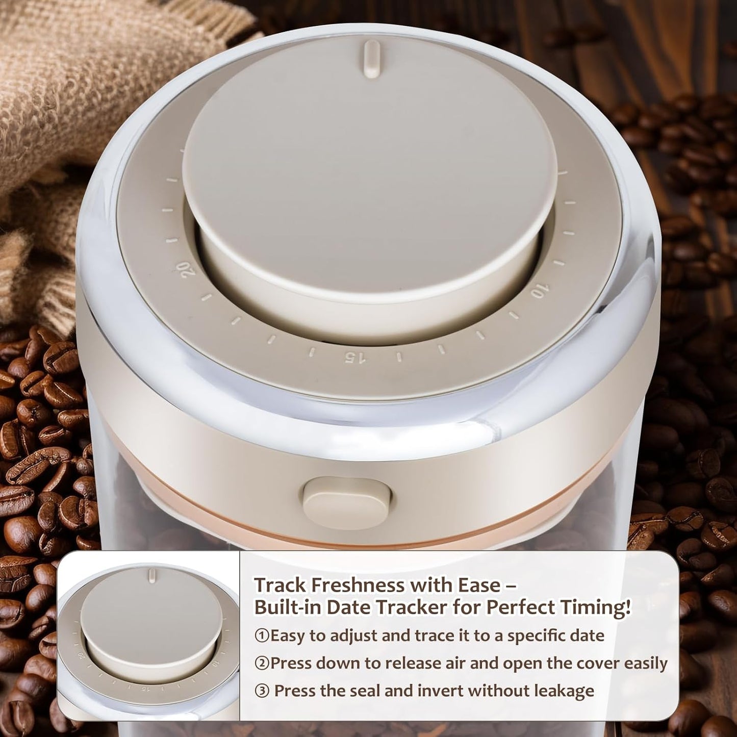 22oz Airtight Coffee Canister With Scoop, Glass Coffee Container Airtight,High Borosilicate Jar With Co2 One-Way Valve, Date Tracker (57fl.oz)