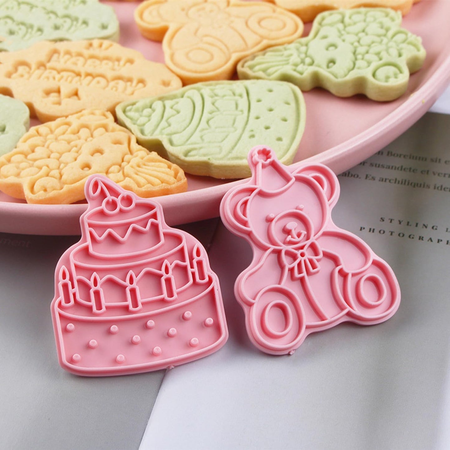 8PCS Happy Birthday Cookie Cutter Sets 3D Plastic Cookie Cutters with Plunger Stamps Pressable Biscuit Mold Cookie Molds Cake Baking Fondant Cutter Birthday Party DIY Cookie Decorating Supplies(C)