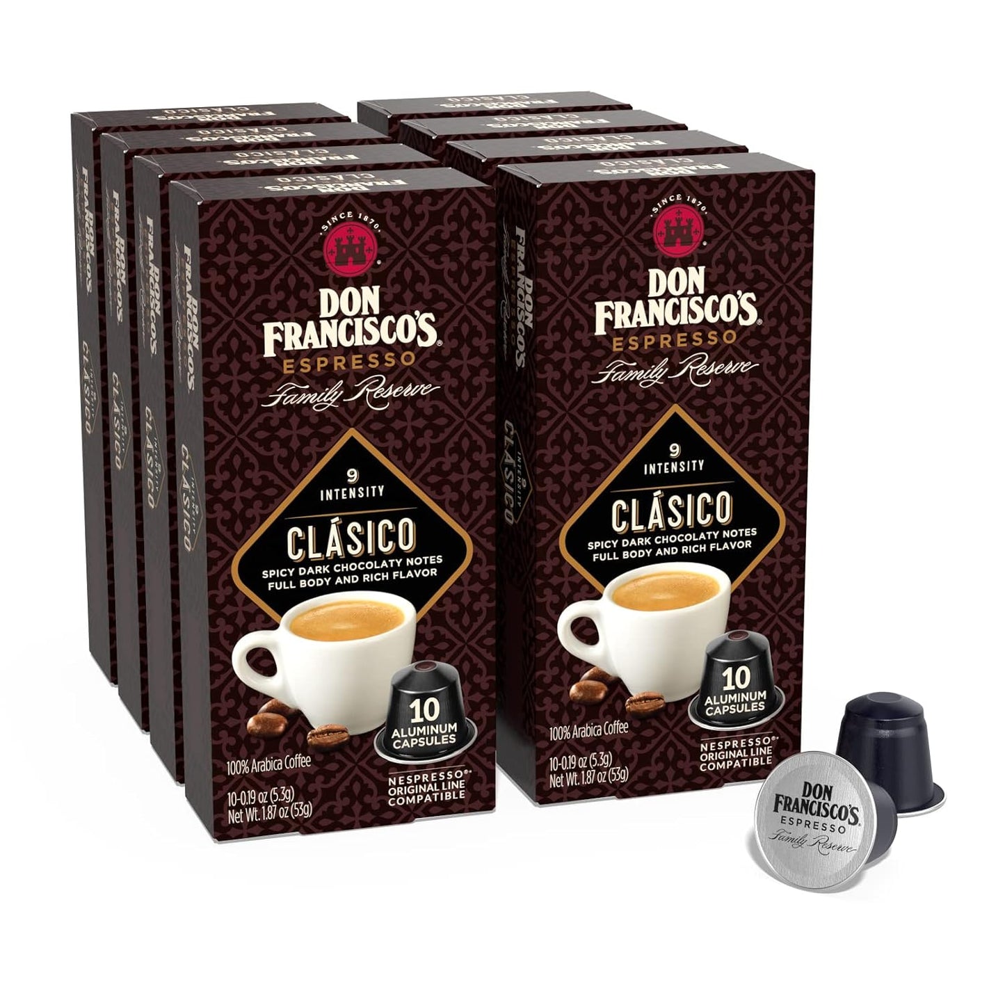 Don Francisco's Clasico Espresso Pods: 80 Recyclable Aluminum Capsules, Intensity 9 Dark Roast, Compatible with Nespresso Original Line Machines - Bold Cuban-Style with Spicy Chocolate Notes