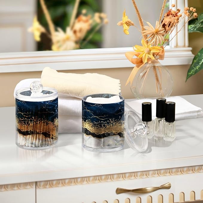 2 Pack Qtip Holder Dispenser Navy Blue Marble Bathroom Storage Canister Lid Acrylic Plastic Apothecary Jar Set Vanity Makeup Organizer for Cotton Swabs/Pads/Floss