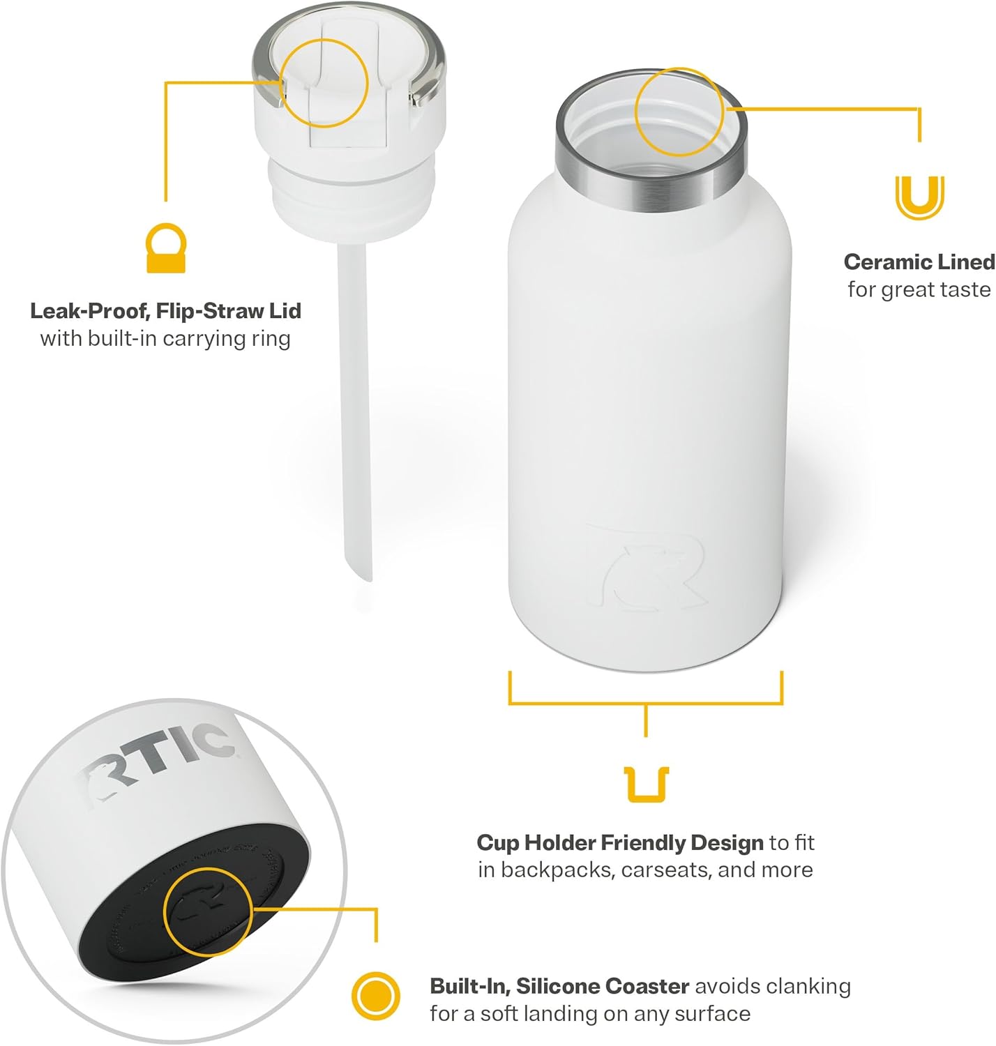 RTIC Little Journey Bottle with Straw, Insulated, Stainless Steel, Metal, Double Wall Vacuum-Insulation, Ceramic-Lined, Leak-Proof Lid, BPA-Free Water Flask for Sports, Travel, White