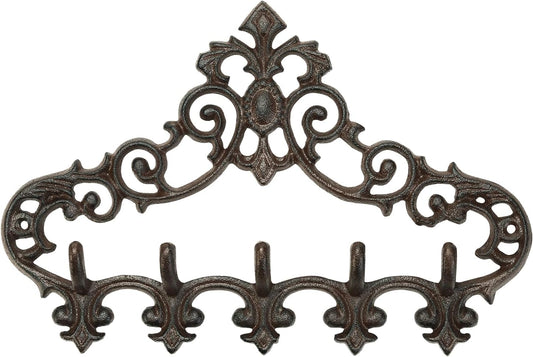 Sungmor Cast Iron Rustic Coat Hook Hanger with 5 Hooks - Practical Iron Storage Organizer/Wall Hooks Hanging Rack - Pretty Pattern Charming Wall Decor for Keys Clothes Hats