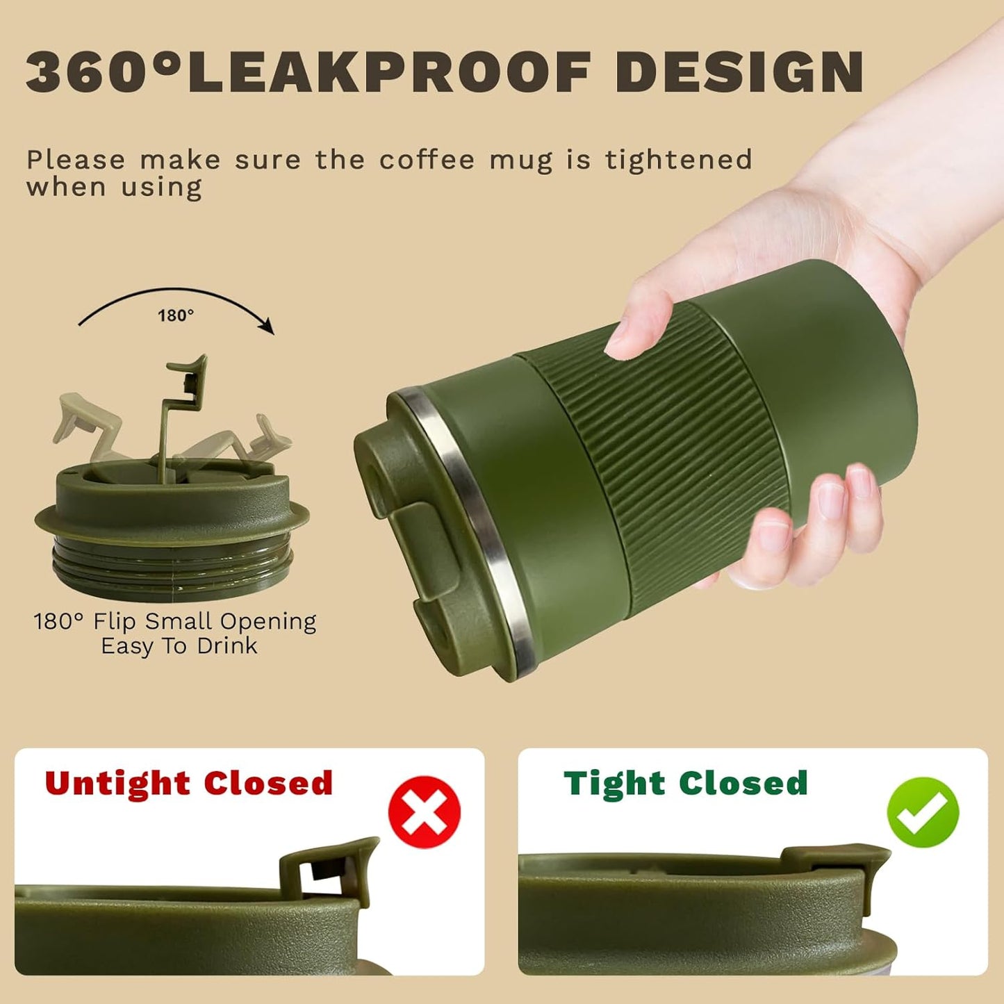 Vacuum-Insulated Stainless Steel Travel Coffee Mug, Leak-Proof Reusable Coffee Cup with Lid - Keep Hot & Cold Drinks for Hours, Durable Thermos Tumbler for Men & Women (3rd-Green, 17OZ)