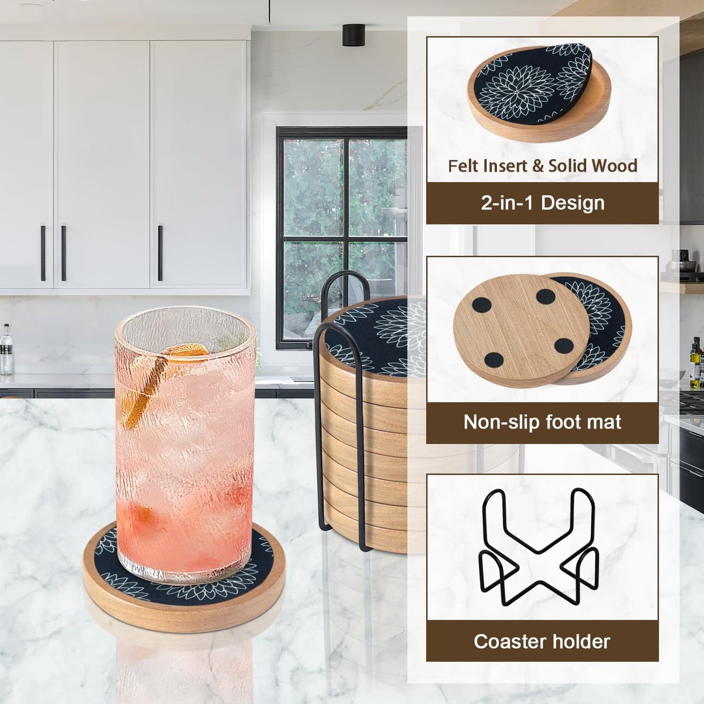 Wood Coasters Set of 8 with Holder, Cewiru Cup Mat for Drinks, Absorbent Coasters with Felt Insert for Coffee Table Protection, Modern Style Home Dining Table Decor, 4.3" Black