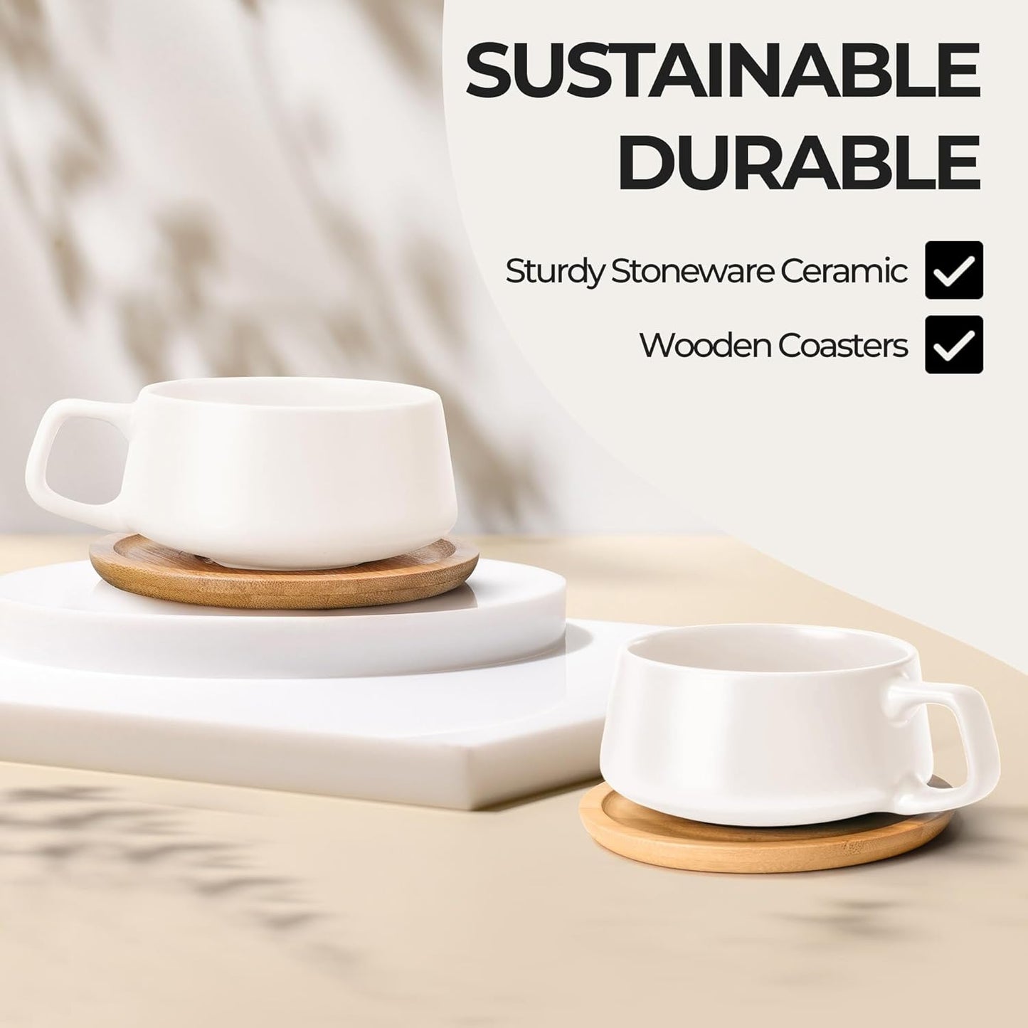 MIAMIO – 11 Oz., Set of 4 Ceramic Tea Cup and Saucer Bamboo/Tea Mug - Wide Cappuccino Cup, Coffee Cups Ceramic Mug for Cappuccino, Latte, Espresso & Americano - Luxe Collection (White)