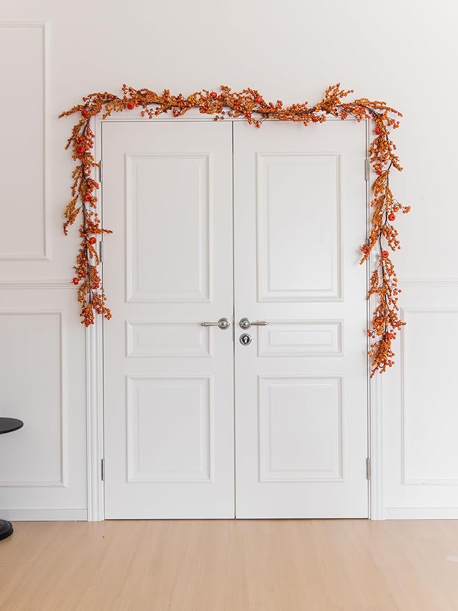 MISSPIN 6FT Pumpkin Berry Garland, Halloween Garland Fall Maple Leaf Artificial Hanging Autumn Vine Leaf Fall Decor Black Maple Fall Leaf Christmas Thanksgiving Halloween Home Decor