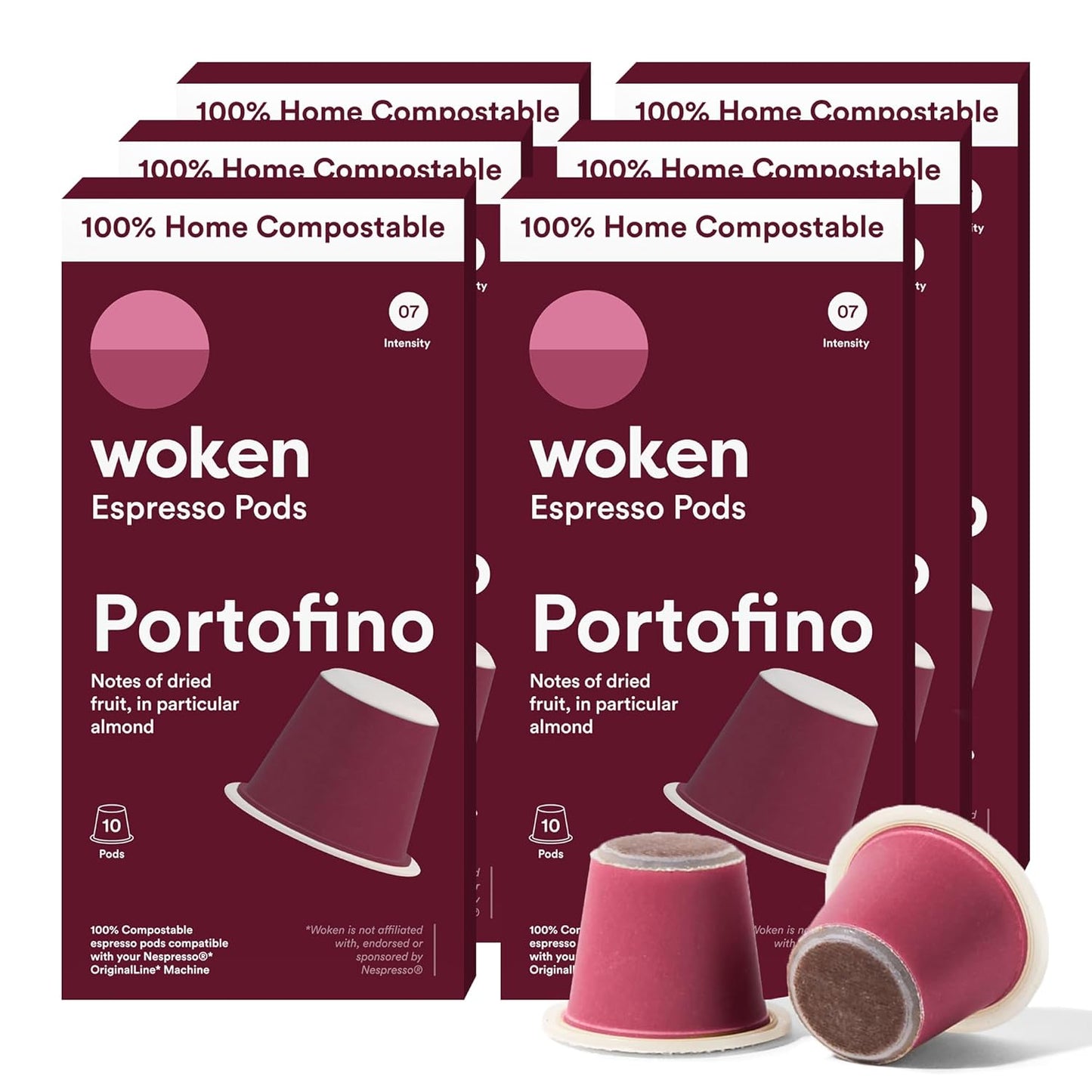 WOKEN COFFEE Compostable Nespresso Pods - Portofino Medium Roast Italian Espresso Coffee Capsules Compatible With Nespresso Coffee Machine (60 Pod Count, 6 Boxes)