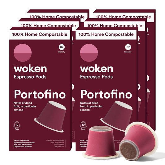 WOKEN COFFEE Compostable Nespresso Pods - Portofino Medium Roast Italian Espresso Coffee Capsules Compatible With Nespresso Coffee Machine (60 Pod Count, 6 Boxes)