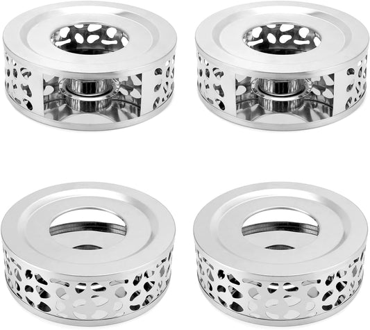 QWORK Tea Kettle Warmer, 4 Pack Brushed Stainless Steel Kettle, Hollow Frame, with Tea Candle Holder, Fits Most Teapots, Silver