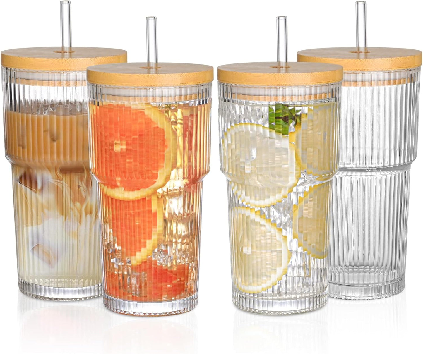 20oz Glass Cups with Lids and Straws,4PCS Ribbed Glass Coffee Cups,Iced Coffee Cups with Lid,Vintage Bamboo Tumbler for Juice,Smoothies