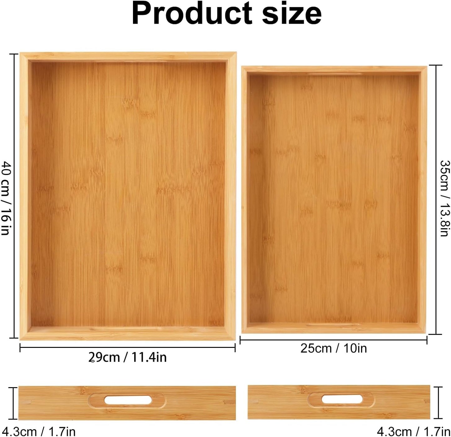 2 Pack Large Bamboo Serving Tray with Handles, 16 x 11.6 Inch and 14 x 10 inch Wooden Dinner Tray, Home Kitchen Breakfast Trays for Living Room Bedroom Kitchen Dinner Table, Picnic