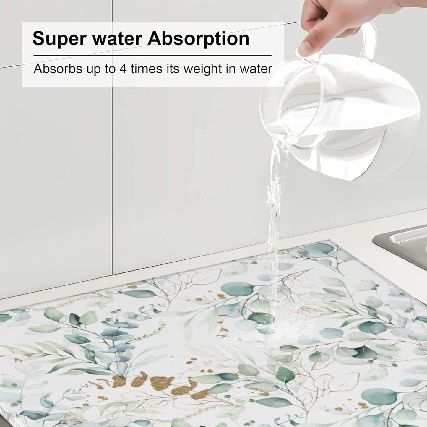 Plants Flowers Dish Drying Mat, Highly Absorbent Microfiber Kitchen Counter Pad Reusable Washable, 16*18"