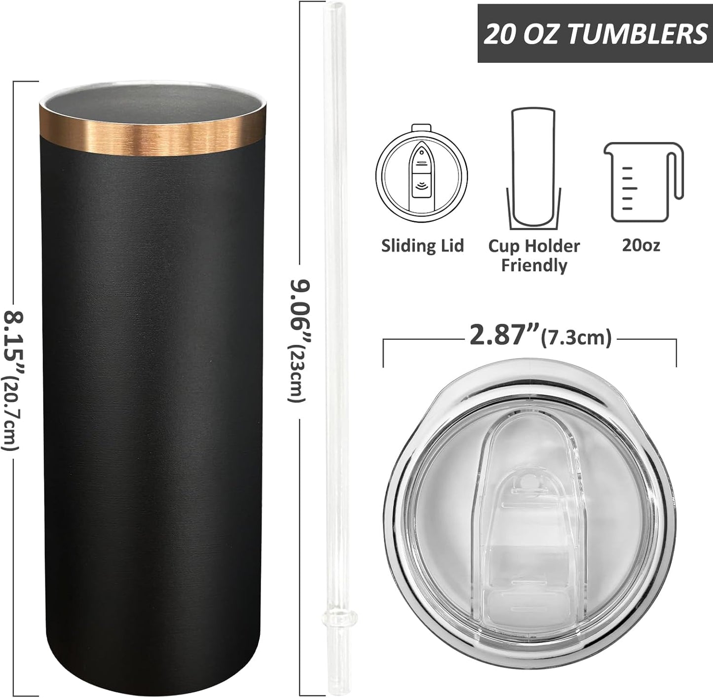 20 oz Skinny Tumblers Bulk 8 Pack, Stainless Steel Insulated Tumbler with Lids and Straws, Slim Double Wall Powder Coated Travel Coffee Mugs Reusable Cup for Hot Cold Drinks (Black,8 pack)