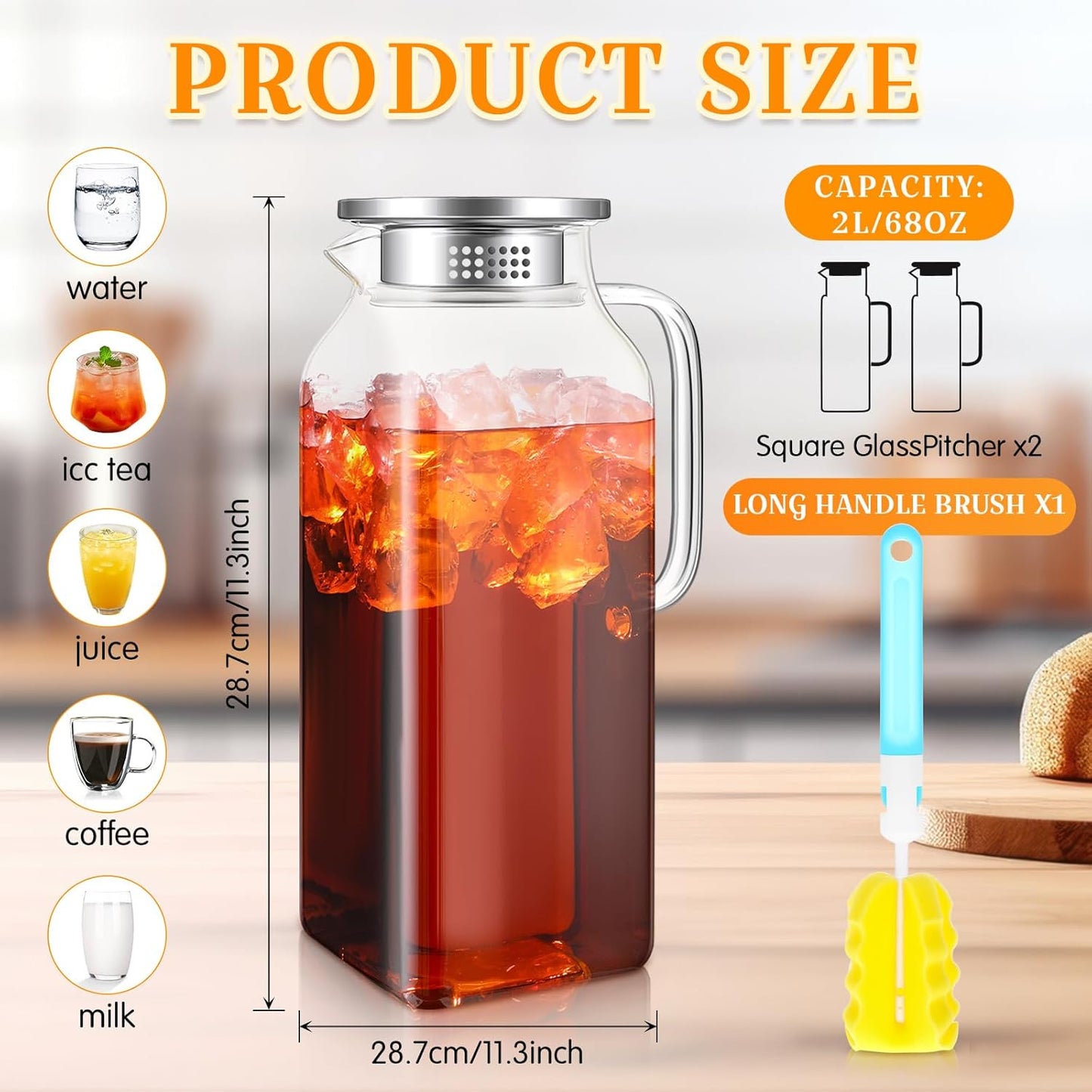 Nuogo 2 Pack 2 Liters/68 oz Square Glass Pitcher with Lid Spout Handle Water Pitcher Borosilicate Glass Carafe for Tea and Coffee Beverage Serveware Milk Water Juice Jug for Hot/Cold Drinks with Brush