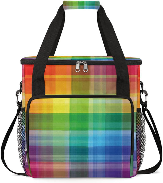 Colorful Rainbow Plaid Coffee Maker Carrying Bag, Coffee Machine Travel Storage Tote Bag Compatible with K-Mini or K-Mini Plus, Portable Single Serve Coffee Brewer Case with Pockets, for K-Cup Pods